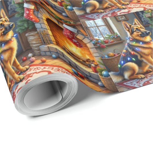 Belgian Shepherd Fireplace with Christmas Lights Geschenkpapier (Rolleneckpunkt)