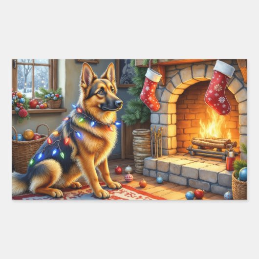 Belgian Shepherd Fireplace with Christmas Lights Rechteckiger Aufkleber (Vorderseite)