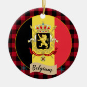 Belgien, rotes Büffel, karierte und belgische Flag Keramik Ornament (Vorne)
