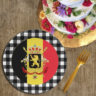 Belgien - Tafel, Büffel kariert & belgische Flagge Pappteller