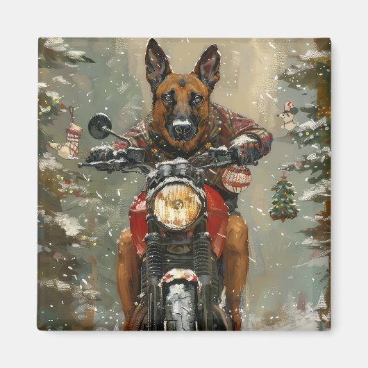 Belgisch Malinoi Dog Riding Motorrad Weihnachten Magnet (Vorne)