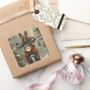 Belgisch Malinoi Dog Riding Motorrad Weihnachten Quadratischer Aufkleber