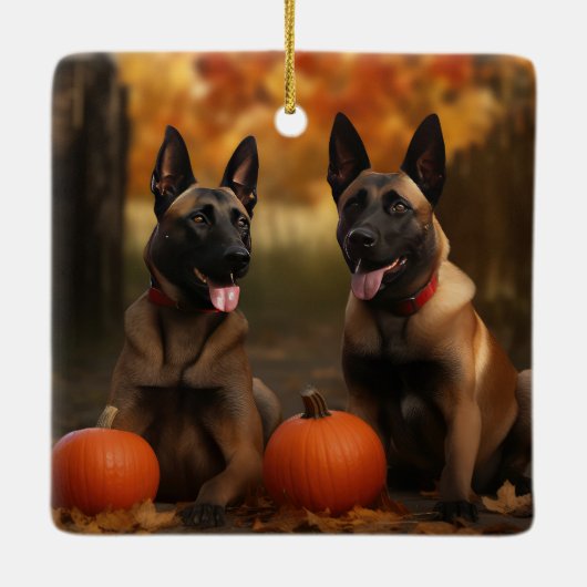 Belgisch Malinoi Welpe Autumn Delight Pumpkin Keramikornament (Rückseite)