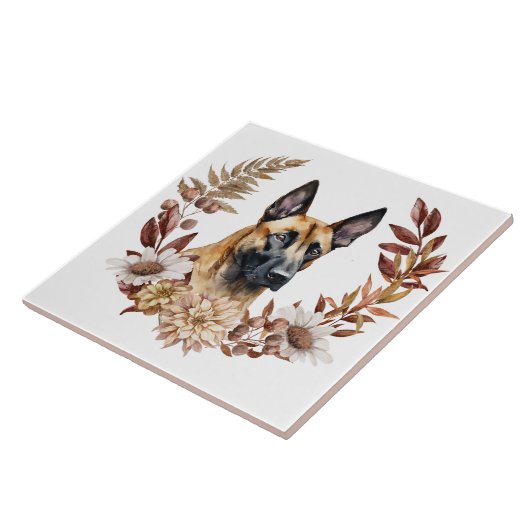 Belgisch Malinois Dog Herbstkranz Fliese (Seite)
