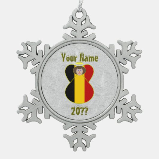 Belgische Flagge Angel Brown Hair Schneeflocken Zinn-Ornament (Vorderseite)