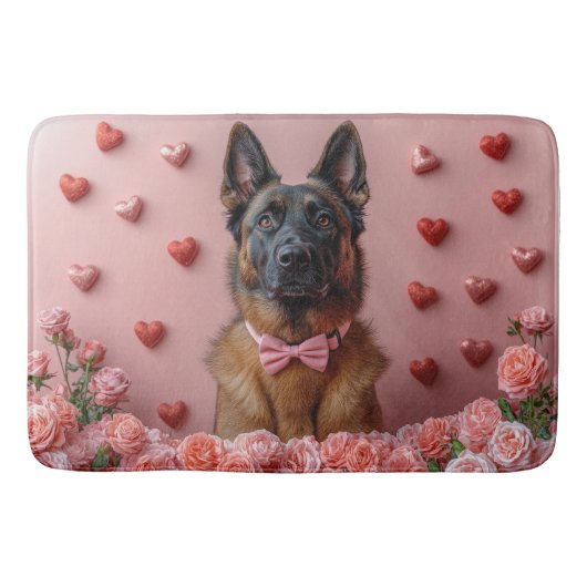 Belgische Malinois mit Rose - Valentinstag Badematte (Vorderseite)