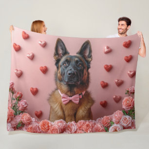 Belgische Malinois mit Rose - Valentinstag Fleecedecke