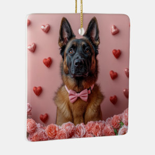 Belgische Malinois mit Rose - Valentinstag Keramikornament