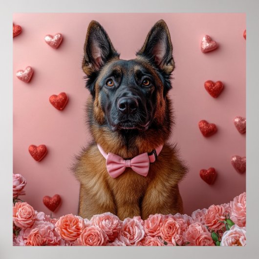 Belgische Malinois mit Rose - Valentinstag Poster (Vorne)