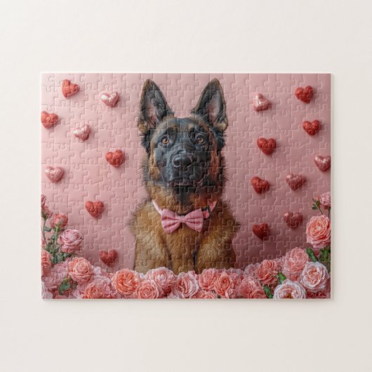 Belgische Malinois mit Rose - Valentinstag Puzzle (Horizontal)