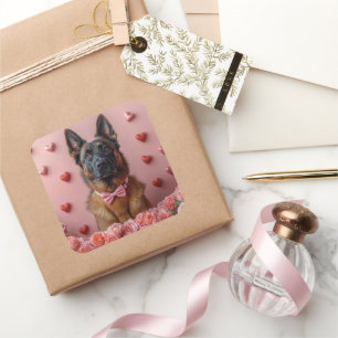 Belgische Malinois mit Rose - Valentinstag Quadratischer Aufkleber