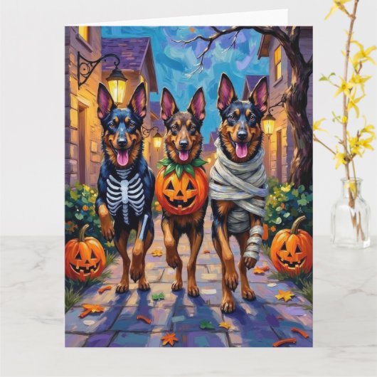 Belgische Schäferhunde - Trick-or-Treating Hallowe Karte (Gelbe Blume)