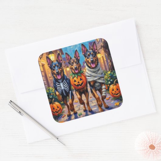 Belgische Schäferhunde - Trick-or-Treating Hallowe Quadratischer Aufkleber (Umschlag)