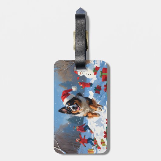 Belgische Schäferhütte Weihnachts-Schneeszene Gepäckanhänger (Rückseite vertikal)