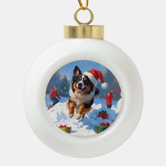 Belgische Schäferhütte Weihnachts-Schneeszene Keramik Kugel-Ornament (Vorderseite)