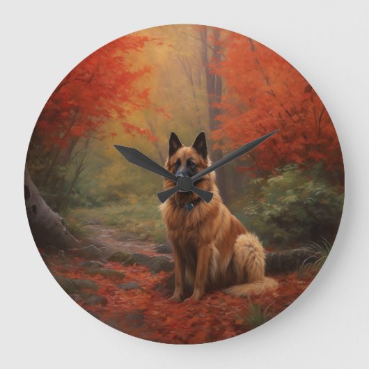 Belgischer Hirte im Herbst Leaves Fall Inspiriert Große Wanduhr (Vorderseite)