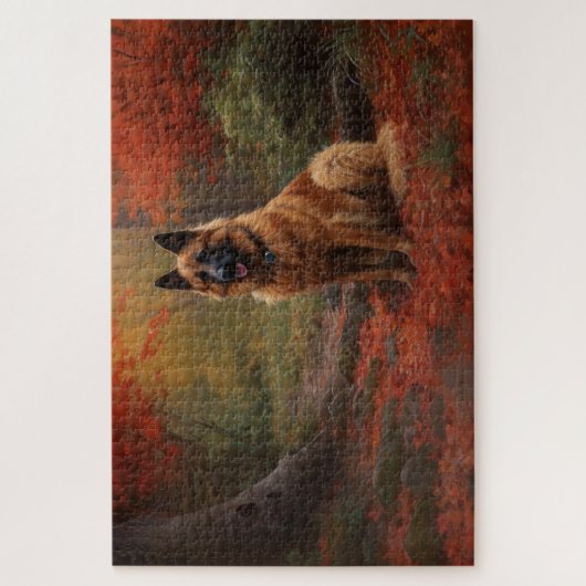 Belgischer Hirte im Herbst Leaves Fall Inspiriert Puzzle (Vertikal)