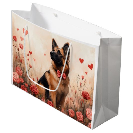 Belgischer Hirte mit Rose - Valentinstag Große Geschenktüte (Vorderseite Schrägansicht)