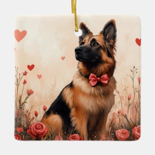 Belgischer Hirte mit Rose - Valentinstag Keramikornament (Vorderseite)