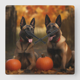 Belgischer Malinoi-Welpe Herbstfreude Kürbis Quadratische Wanduhr