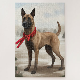 Belgischer Malinois-Hund im Schnee Weihnachten Puzzle