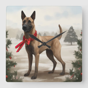 Belgischer Malinois Hund im Schnee Weihnachten Quadratische Wanduhr