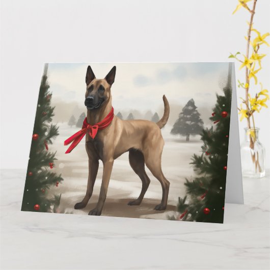 Belgischer Malinois-Hund zu Schneeschweihnachtsfes Karte (Gelbe Blume)