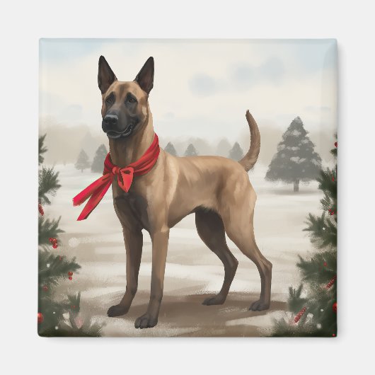 Belgischer Malinois-Hund zu Schneeschweihnachtsfes Magnet (Vorne)