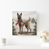 Belgischer Malinois-Hund zu Schneeschweihnachtsfes Quadratische Wanduhr (Zuhause)