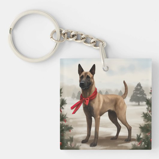 Belgischer Malinois-Hund zu Schneeschweihnachtsfes Schlüsselanhänger (Vorderseite)