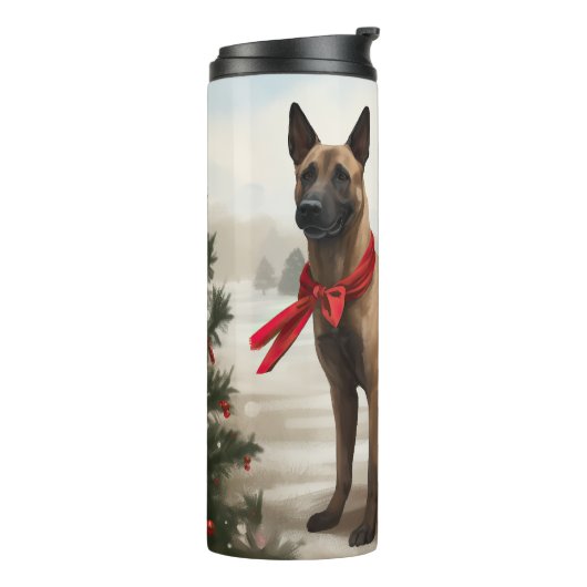 Belgischer Malinois-Hund zu Schneeschweihnachtsfes Thermosbecher (Nach links gedreht)