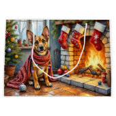 Belgischer Malinois Kamin mit Weihnachtslichtern Große Geschenktüte (Vorderseite)