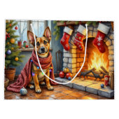 Belgischer Malinois Kamin mit Weihnachtslichtern Große Geschenktüte (Rückseite)