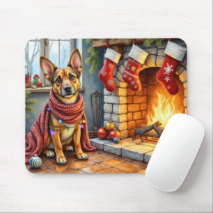 Belgischer Malinois Kamin mit Weihnachtslichtern Mousepad