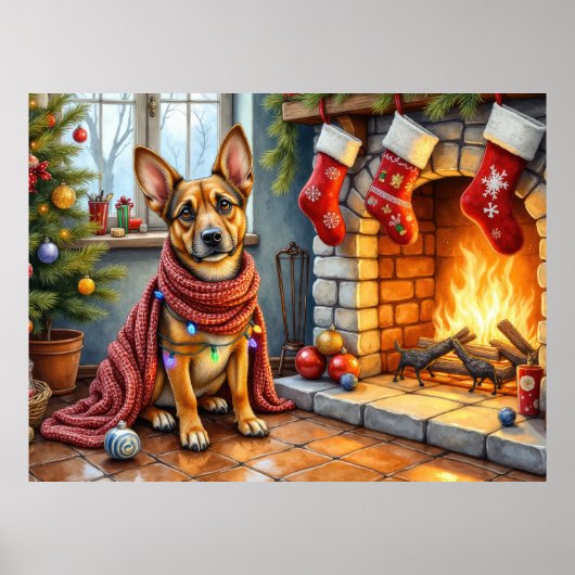 Belgischer Malinois-Kamin mit Weihnachtslichtern Poster (Vorne)