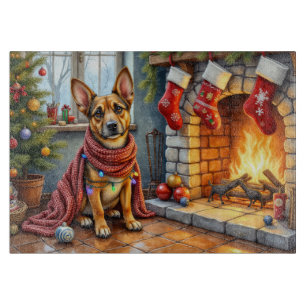 Belgischer Malinois Kamin mit Weihnachtslichtern Schneidebrett