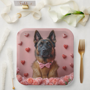 Belgischer Malinois mit Rosen - Valentinstag  Pappteller