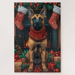 Belgischer Malinois mit Weihnachtsgeschenken Kamin Puzzle