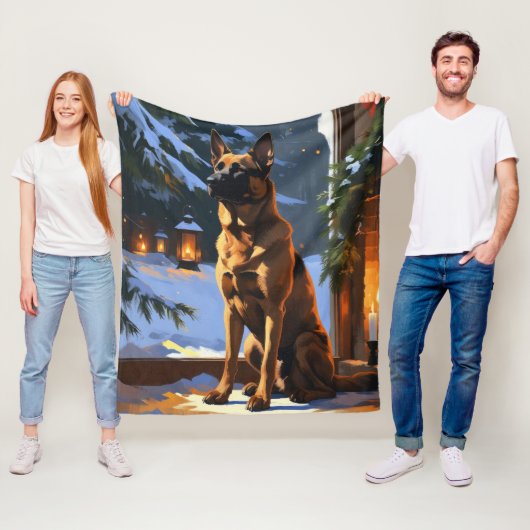 Belgischer Malinois mit Weihnachtslichtern Feierta Fleecedecke (Beispiel)