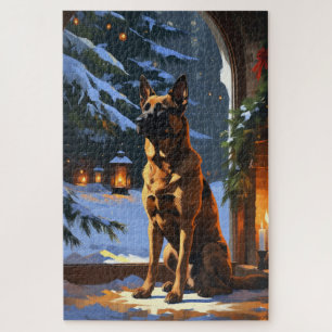 Belgischer Malinois mit Weihnachtslichtern Feierta Puzzle