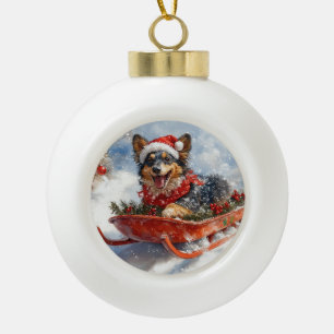 Belgischer Schäferhund im Schlitten Lass es schnei Keramik Kugel-Ornament