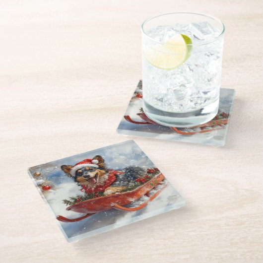 Belgischer Schäferhund in Sledge Let it Schnee Wei Glasuntersetzer (Schrägansicht)