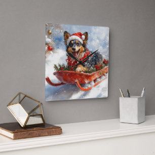 Belgischer Schäferhund in Sledge Let it Schnee Wei Quadratische Wanduhr