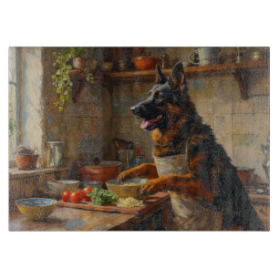 Belgischer Schäferhund kocht in der Küche Schneidebrett