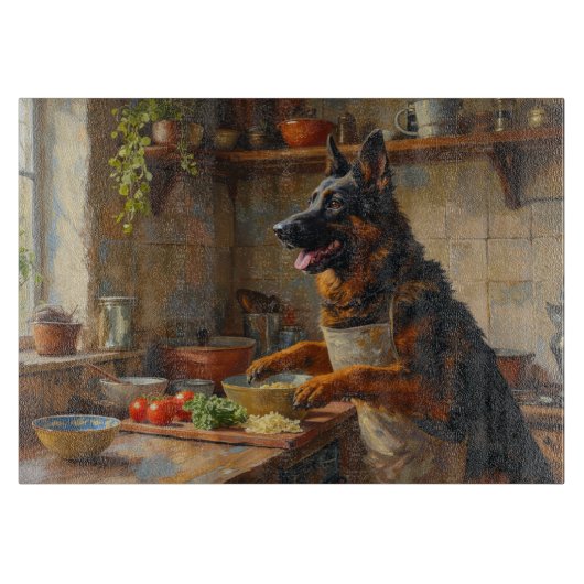 Belgischer Schäferhund kocht in der Küche Schneidebrett (Vorderseite)
