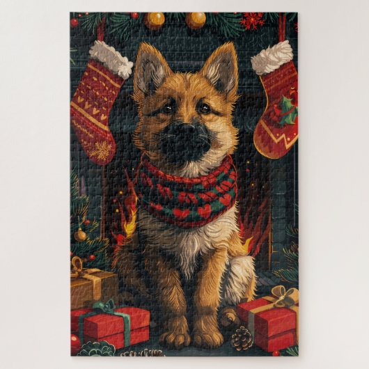 Belgischer Schäferhund mit Weihnachtsgeschenk Kami Puzzle (Vertikal)