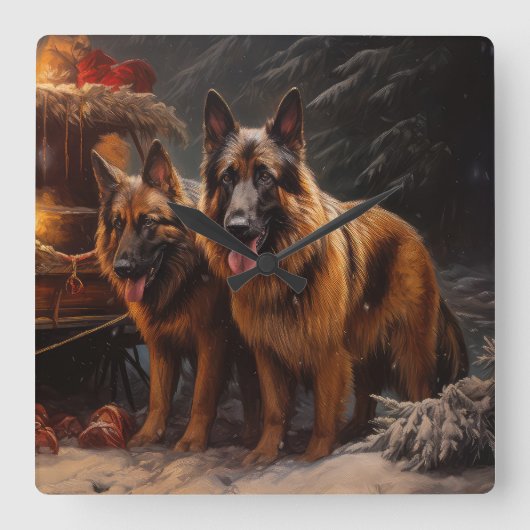 Belgischer Schäferhund Snowy Sleigh Weihnachtsdeko Quadratische Wanduhr (Vorderseite)