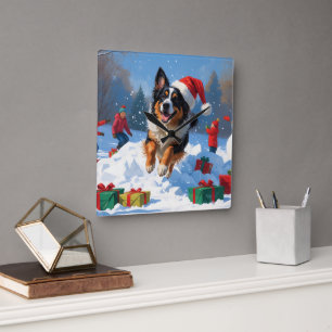 Belgischer Schäferhund Weihnachtliches Schneeszena Quadratische Wanduhr