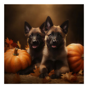 Belgischer Schäferhund-Welpe Herbstfreude Kürbis Poster