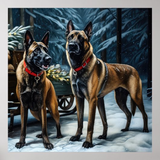 Belgisches Malinoi Snowy Sleigh Weihnachtsdekor Poster (Vorne)